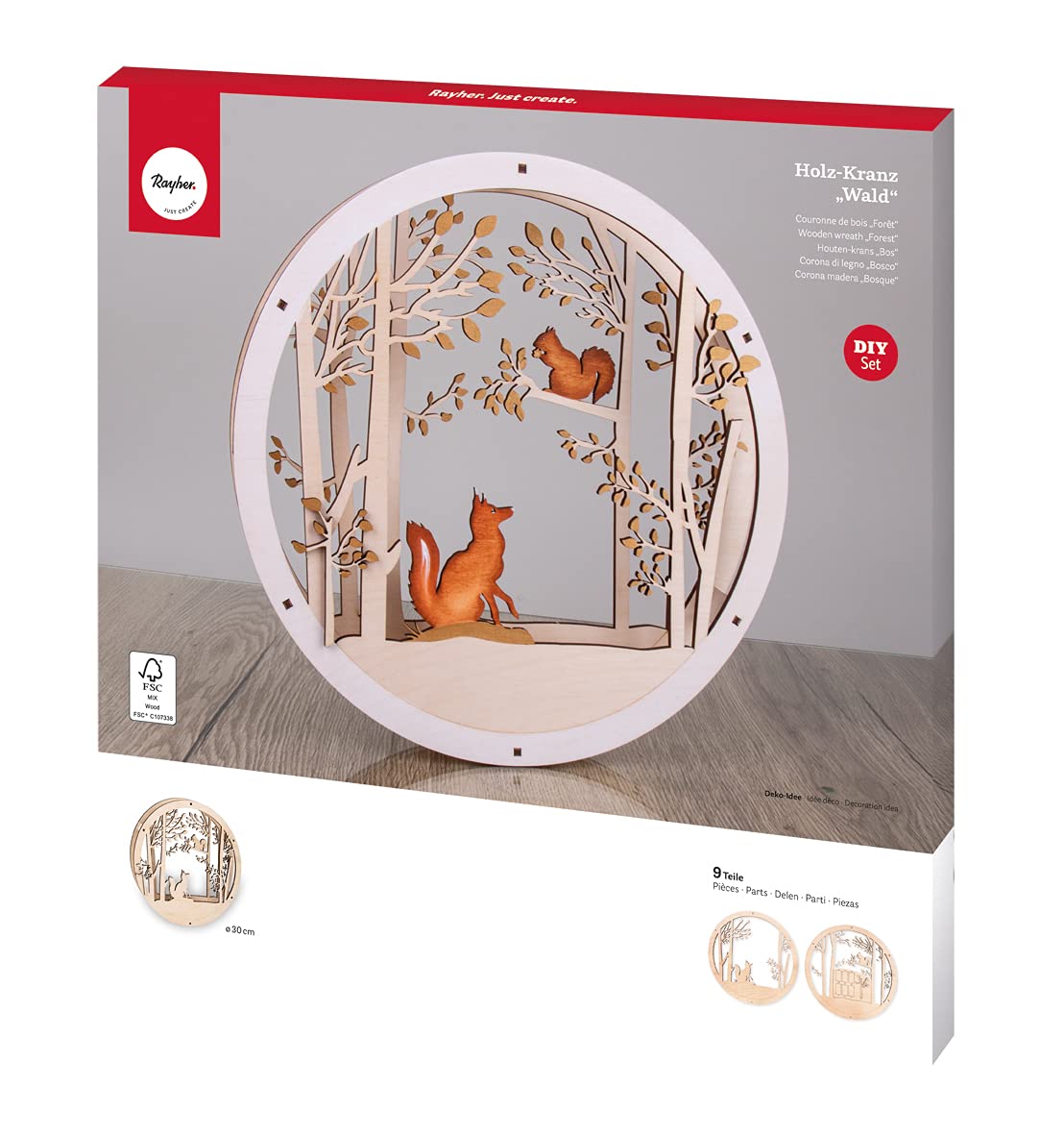 Rayher Wood Building Kit for 3D Wreath with Fox and Squirrel Design, Seasonal DIY Wood Craft Set with 9 slot-together Pieces, Diameter 30cm, natural wood, 63156505