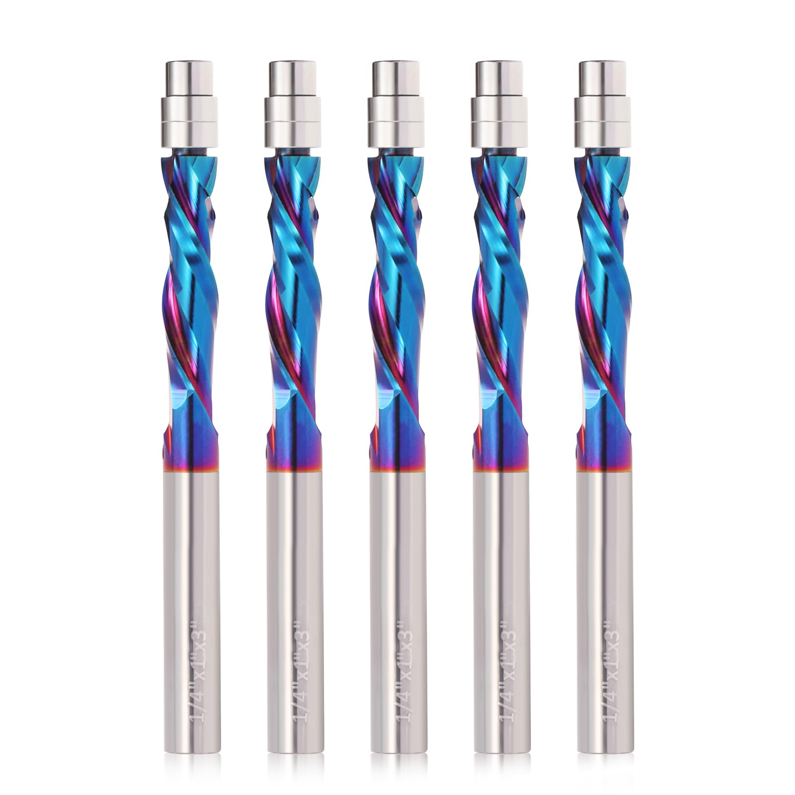 Trvoxviq 1/4 Inch Shank CNC Spiral Router Bits with Top Bearing, 2 Flute, Tungsten Carbide, Up Down Cut Compression Spiral Flush Trim Router Bit, 5PCS — image 1