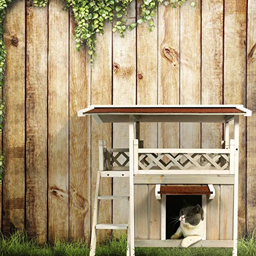Scurrty Wooden Cat House 2 Story Outdoor Indoor Cat Condo with Stair Waterproof - Thumbnail 6