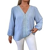 Boho Long Sleeve Blouse for Women, Plus Size Mesh Swiss Dot Tops V Neck Loose Fit Fall Shirts Dressy Casual Blouses