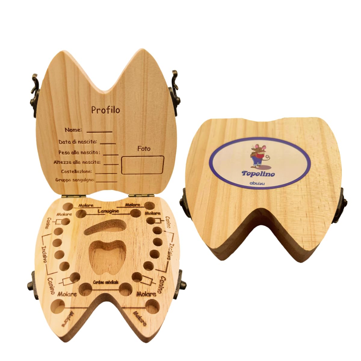 ABUBU Tooth Storage Box for Boys and Girls, El Ratoncito Perez, Wooden Box for Milk Teeth, Childhood Keepsake (Italian)