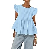 Csvinkiko Womens Summer Tops Babydoll Peplum Blouses Casual Ruffle Sleeve Round Neck Pleated A Line Shirts Tank Top