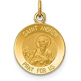 Saint Andrew Pray For Us Words on Round Pendant in Real 14k Yellow Gold