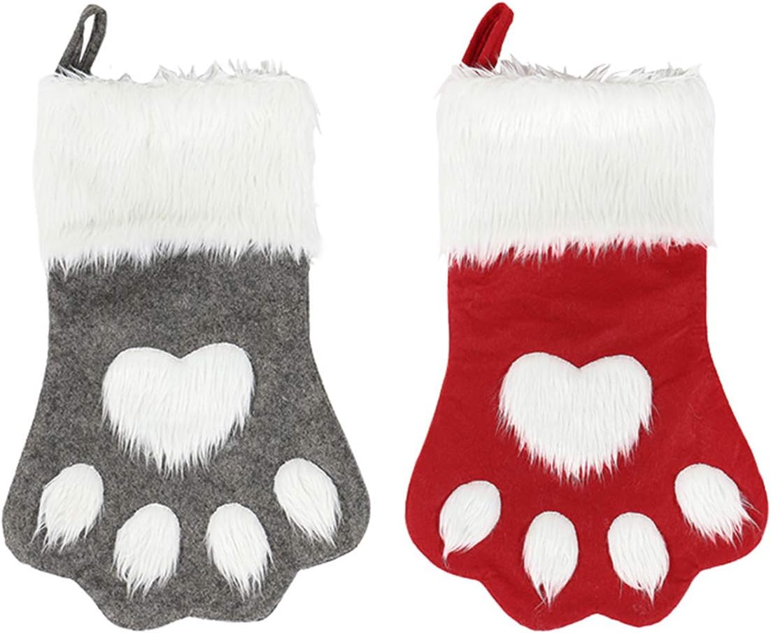 Stockings & Holders - SherryDC Dog Cat Paw Christmas Stockings, Plush Hanging Socks for Holiday and Christmas Decorations (Large/18in, 2-Pack/Grey+Red)