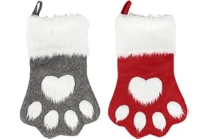 Sexybody Pet Paw Plush Christmas Stockings 2 Pack Xmas Decorations Fireplace Hanging Socks Family Holiday Dog Cat Gift Stockings (Grey & Red)