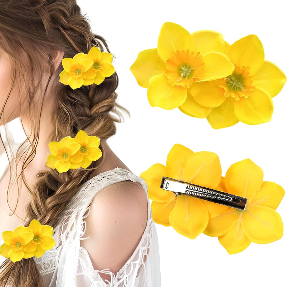 Photo 1 of 1Pcs Yellow Flower Hair Clip Hawaiian Flower Hair Clips for Women Double Flowers Clips Barrettes Floral Side Clip Barrette Hairclip Hair Accessories for Beach Wedding