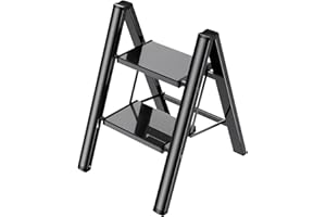 Ladnamy Folding 2 Step stool - Aluminum Lightweight Step Stool W/Anti-Slip Wide Pedal&Rubber Feet for Adults, 330IB Capacity Stepping Ladder for House Kitchen Cabinet, Save Space Step Ladder, Black