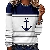 Women Tops Anchor Stripe Print Crew Neck T-Shirt Casual Long Sleeve Shirt