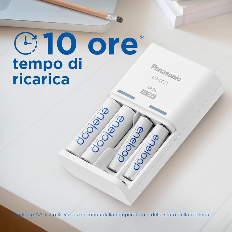 caricabatterie Basic per 2 o 4 batterie AA/AAA Ni-MH, Nuove funzioni di sicurezza comprese 4 batterie eneloop AAA/Micro con capacità aggiornata, con 6 funzioni di sicurezza