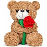 Aqushymallow Cow Teddy Bear Plush Toy - Hugging a Red Rose or a Heart, Romantic Teddy Bear Plush Doll, Valentine's Day, Birthday, Girl's Gift (Brown Bear Rose)