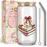 Funny Christmas Cups Mug Bookish Gifts for Women,Friends,Sister,Daughter,Reader,Book Lover Gifts for Christmas Bow Glasses Tumbler,Book Club Gift 16oz Drinking Glass Coffee Cups with Lid and Straw-76