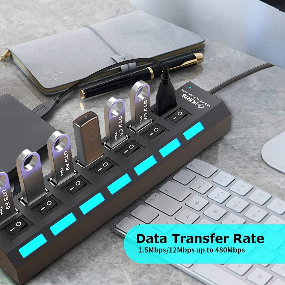Multi Port USB Splitter, 7-Ports USB 2.0 Hub High Speed ON/Off Individual Switch with LEDs Compatible for All USB Device (7-Ports): Computers & Accessories