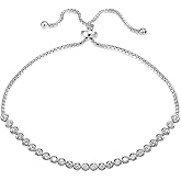 Hoops & Loops Sterling Silver White CZ Cubic Zirconia Bezel-Set Adjustable Pull String Bracelet