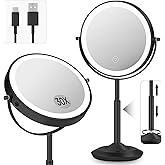 vpu Makeup Mirror with Lights, 1X/30X Lighted Magnifying Mirror Height Adjustable, 3000mAh Rechargeable Double Sided Vanity Mirrors with 3 LED Lighting and Adjustable Brightness for Desk Women Gift