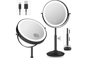 vpu Makeup Mirror with Lights, 1X/30X Lighted Magnifying Mirror Height Adjustable, 3000mAh Rechargeable Double Sided Vanity Mirrors with 3 LED Lighting and Adjustable Brightness for Desk Women Gift