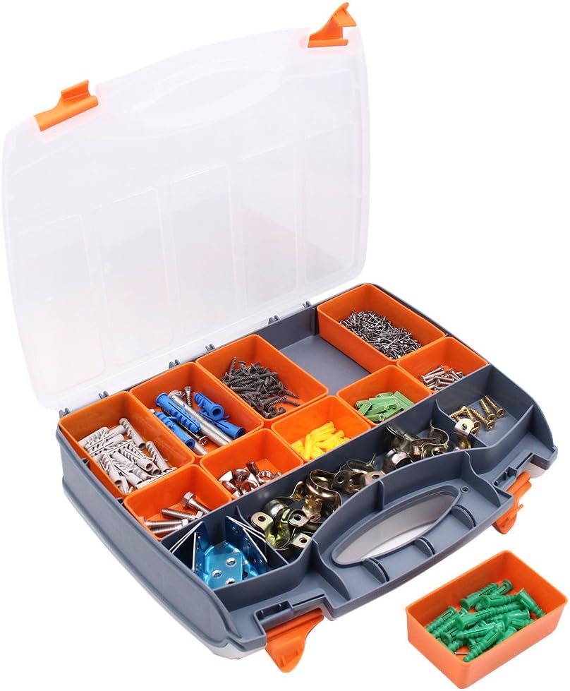 Double Sided Tool Organizer Small Parts Storage Tool Box with 31 Removable & Adjustable Compartments Container Box Heavy Duty Portable with Dividers for Hardware, Arts, Crafts, Tools