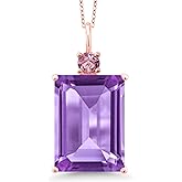 18K Rose Gold Plated Silver Gemstone Birthstone and Pink Lab Grown Diamond Pendant Necklace for Women | Emerald Cut 18X13MM and Round 4MM | With 18 Inch Chain | Fine Jewelry for Her Mom Wife