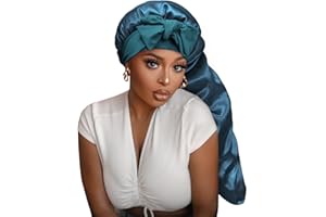 ISSHIN BEAUTY Satin Silk Bonnet Hair Cap: Long Bonnets with Elastic Tie Band Adjustable Straps Jumbo Size Sleep for Sleeping Comfortable - Stretchy Tie Band Bonnets for Women Long Braid Curly Hair No Slip-Off Teal