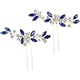 Crystal Bridal Hair Pins Sparkle White Blue Rhinestone Wedding Hair Piece Accessories for Women Girls (Pack of 2) (Blue)