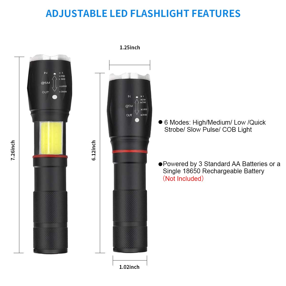 Dolucky XML T6LED Flashlight + COB Lantern, LED Tactical Flashlight Zoomable & Magnetic Base 6 Modes Waterproof Flash light for Camping, Self Defense, Outdoor Adventures, Home Emergency or Gift-Giving