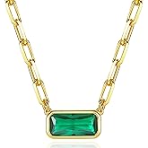 Emerald-Cut Pendant Necklace | Paperclip Gold Link Chain Green CZ Solitaire Pendant Necklace | East West Bezel Set Charm 17+2''