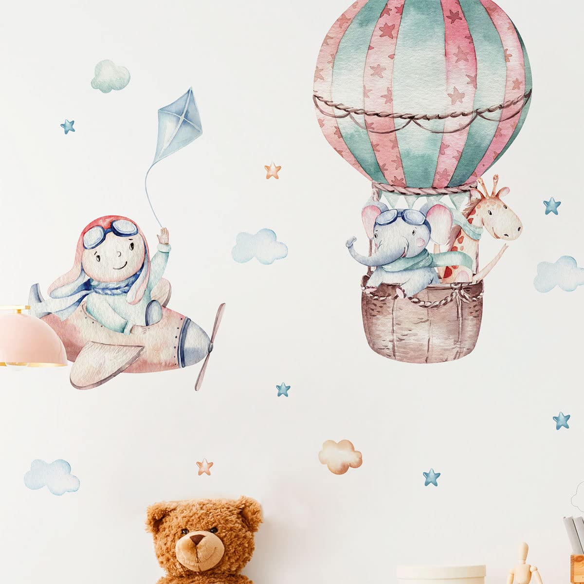 Children's Wall Stickers - Baby Room Decoration - Children's Bedroom Wall Sticker - Hot Air Balloon and Line Pilots - H90 x L60 cm