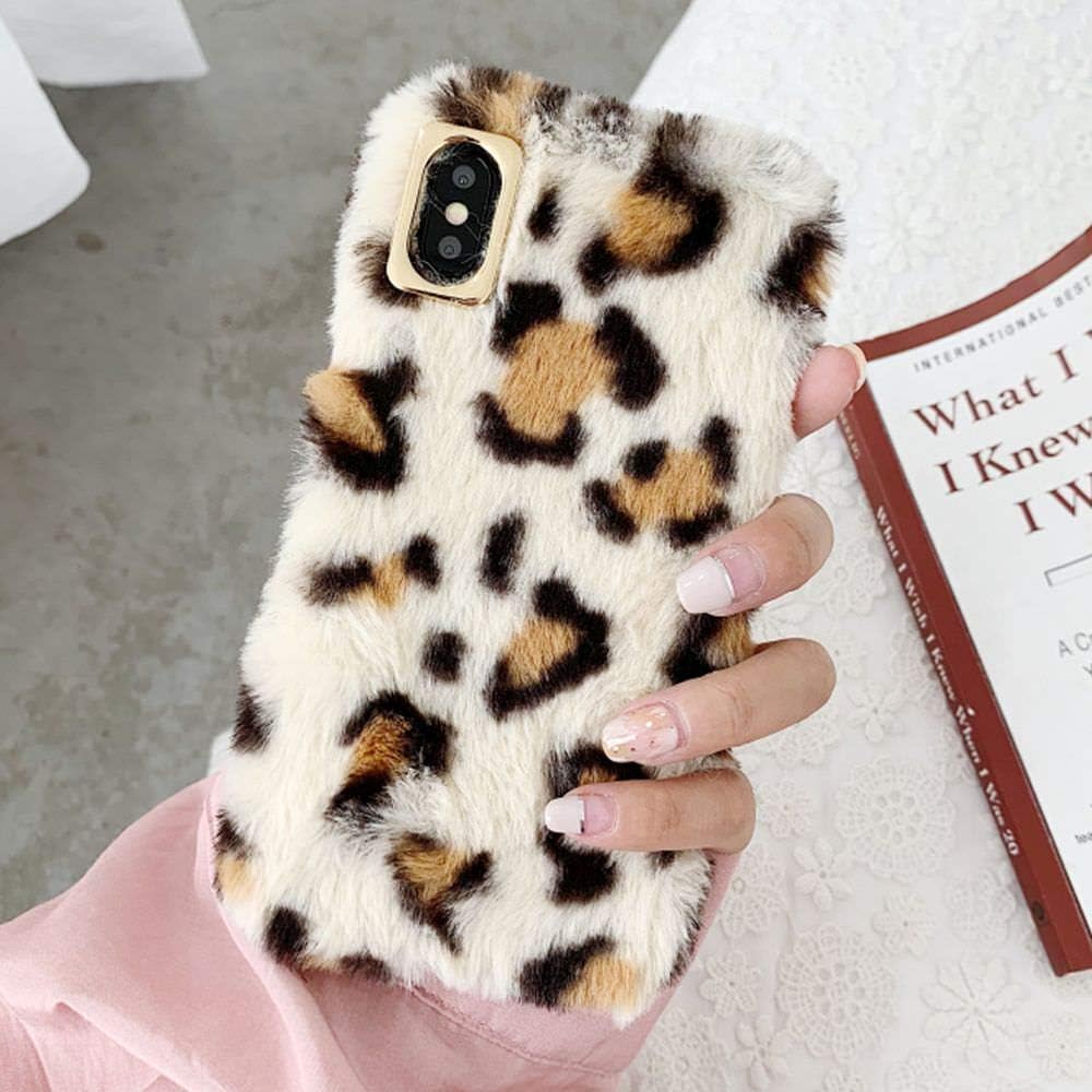 L-FADNUT Case for iPhone Xr Protective Case Ultra Slim Plush Case Luxury Fashion Love Cute Fuzzy Furry Winter Warm Fur 3D Leopard Plush Soft TPU Velvet Animal Cheetah Print Case for iPhone Xr Brown