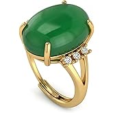 ZILENIU Jade Rings for Women, Adjustable Oval Natural Green Stone Ring, Trendy Gold Plated Gemstone Statement Ring Party Jewelry