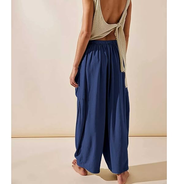 MALINFANDOR WOMEN’S OVERSIZED LOOSE PANTS COTTON LINEN WIDE LEG ELASTIC WAIST RELAX FIT BLOOMERS TROUSERS WITH POCKETS(DARK BLUE,M)