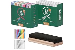 Kedudes Dustless Chalk with Eraser, 24pk - 12 Colored Chalkboard Chalks and 12 White Chalk for Chalkboard and Board Erasers Set - Blackboard Chalks and Eraser with Wooden Handle