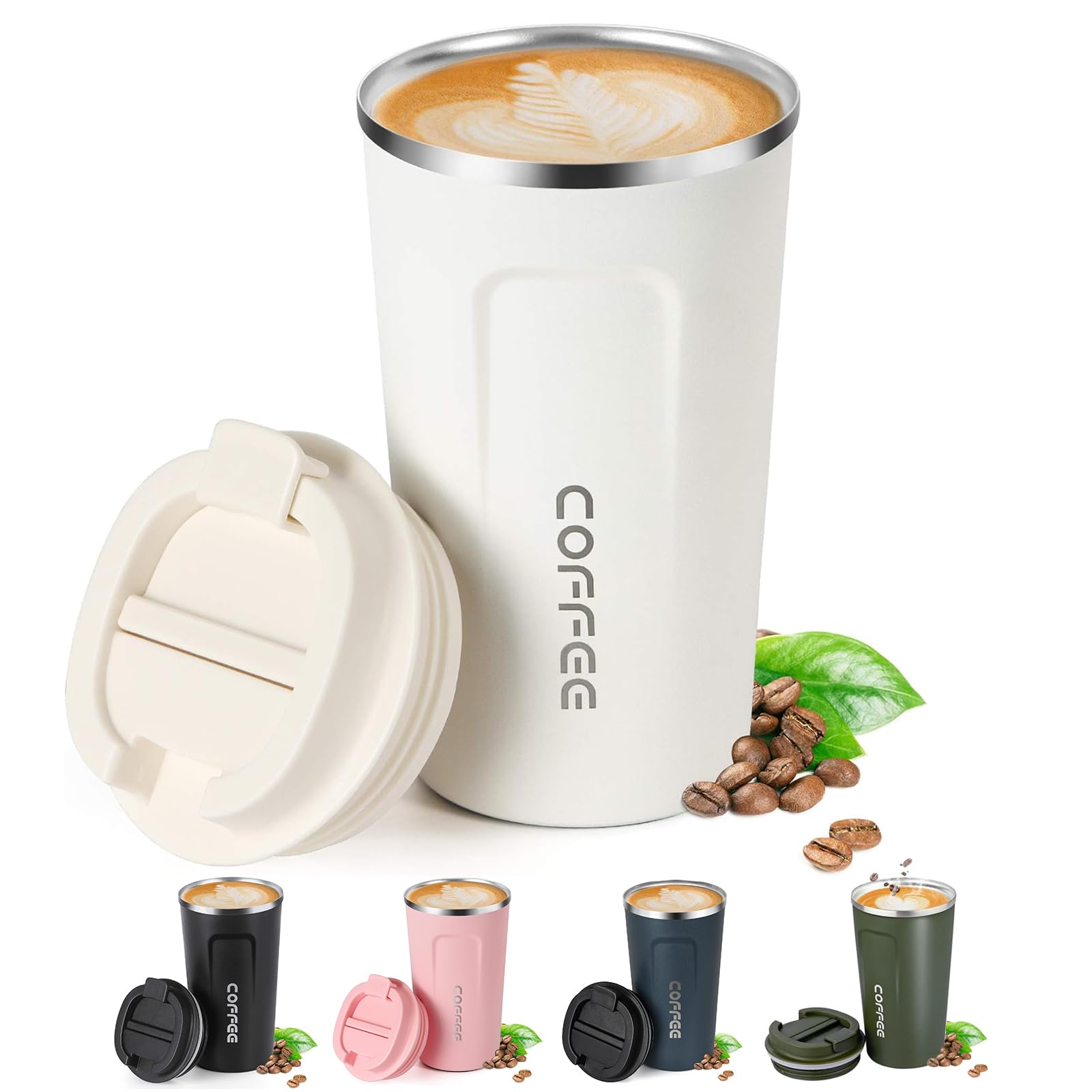 Senshuomy Travel Coffee Mug Spill Proof,Insulated Coffee Mug to Go,Coffee Tumbler,Reusable Coffee Cups with Seal Lid,Water Cup for Keep Hot/Ice Coffee,Tea and Beer (White/510ml)