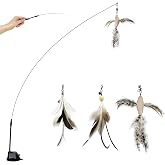 Cat Feather Wand Toy with Suction Cup, 2 in 1 Hands Free &amp; Handheld Interactive Cat Teaser, Long Flexible Steel Wire Stick, 3 Replaceable Feather Bird Attachments with Bells for Indoor Kittens &amp; Cats.