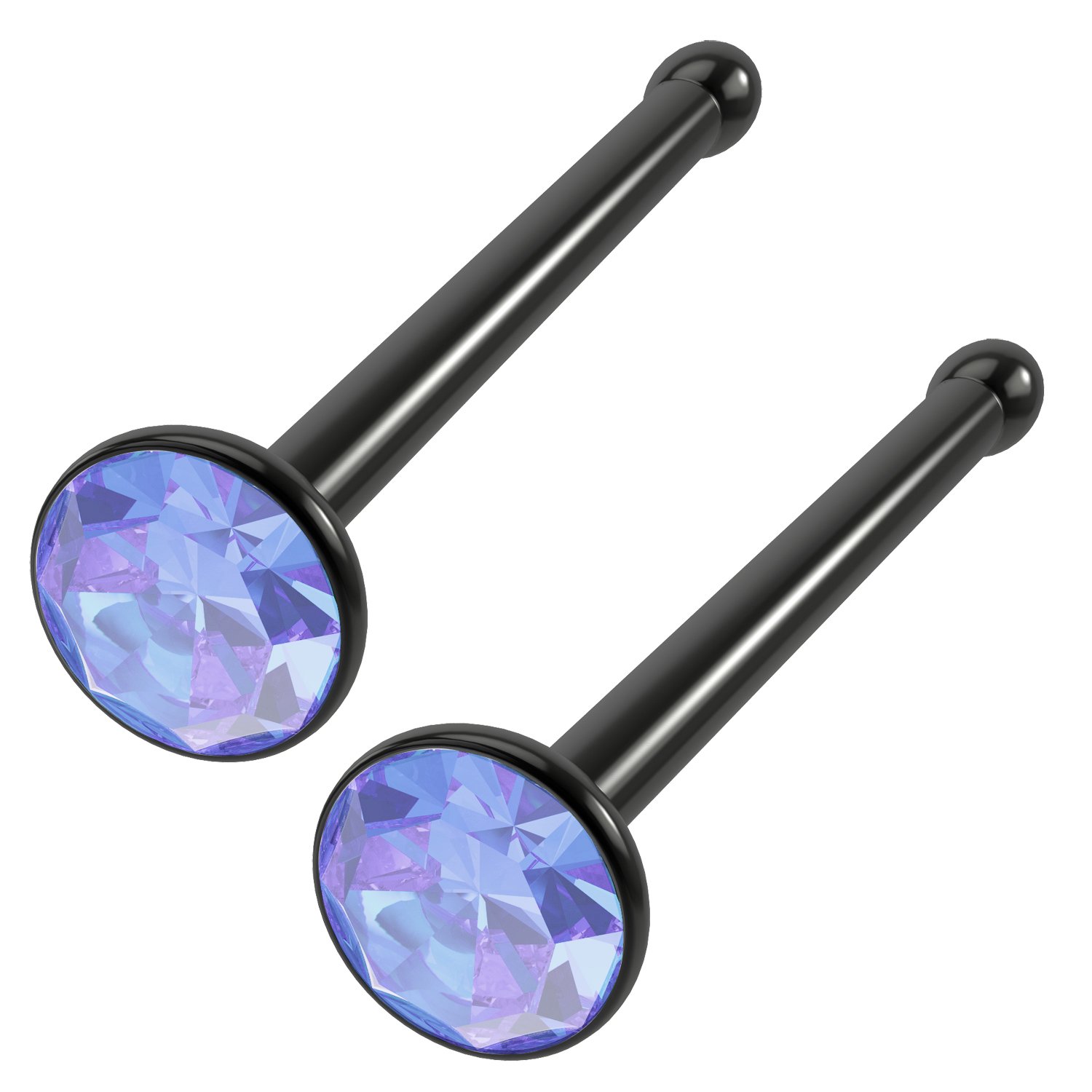 Evonix 2pc 18g 1mm Straight CZ Nose Bar Bone Studs 2mm Crystal Light Sapphire Blue Black Surgical Steel Jewellery