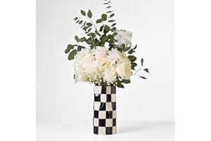 Reimagine Discovery Small Checkered Vase, Modern Home Decor, Decorative Ceramic Flower Vase, Aesthetic Black & White Room Decor for Office, Bedroom, Living Room (8” Tall)