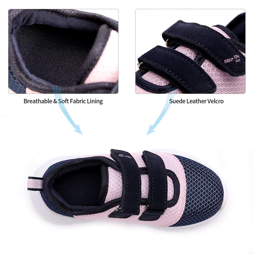 EIGHT KM Boys and Girls Toddler/Little/Big Kids EKM7029 Lightweight Breathable Combined Lavender/Navy Fabric Velcro Sneakers School Shoes Size 6 US