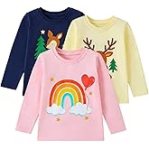 HILEELANG Toddler Girl Long Sleeve Graphic Tees, 100% Cotton, 3-Pack, 2-7 Years, Spring & Fall Layering Shirts
