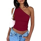 zhaistar Women's One Shoulder Tank Top Sleeveless Ruched Slim Fit Y2K Basic Going Out Crop Tops