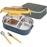 Lille Home 28oz Stainless Steel Leakproof 2-Compartment Bento Lunch Box/Portion Control Food Container with Lunch Bag and Cutlery Set, BPA Free (Blue)