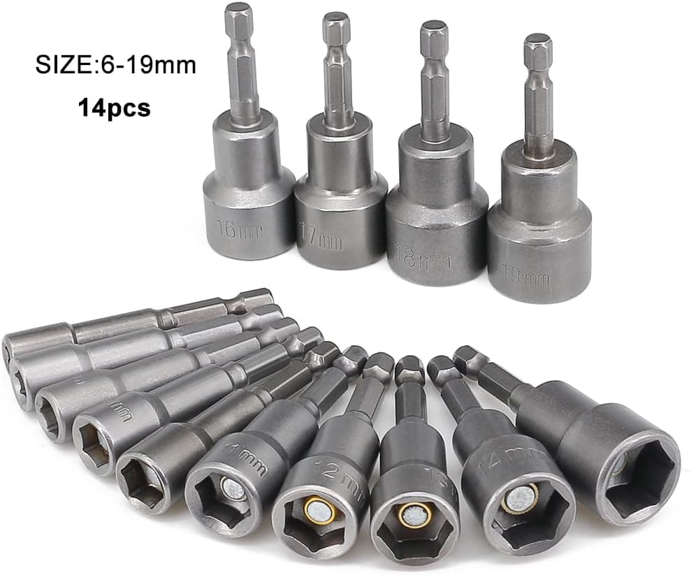 imatenn 14 Stück Steckschlüssel Set 1/4, 6-19mm Nuss Set Magnetisches Sechskant Stecknuss set für Akkuschrauber, Schlagschrauber Nüsse mit Magnet Steckschlüsselsatz 1/4" zoll Bit Set 4