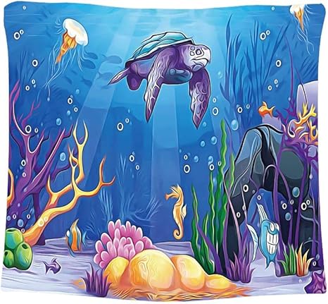 Amazon Co Jp 印象派絵画風 水中世界漫画スタイルのイラスト面白い魚クラゲタツノオトシゴ 風景写真 インテリア 多機能壁掛け ファブリック装飾用品 おしゃれ モダンなアート 模様替え 部屋 窓カーテン 個性ギフト 新居祝い 150ｘ130cm ホーム キッチン