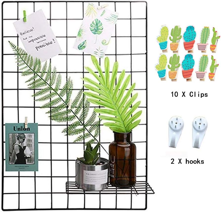 DIY Metal Iron Gridwall Grid Photo Wall, Multifunction Wall Mounted Ins Mesh Display Panel, Decorative Iron Rack, Photo clips, Wall Art Display & Organizer, Memo Board(65 * 45cm) (Black)