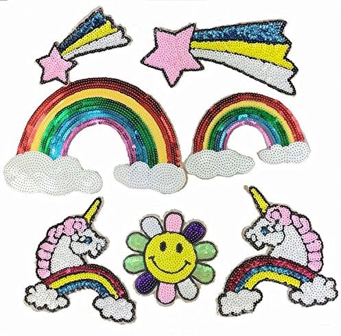 7pcs/lot Cloth Patches Garment Applique DIY Decoration Accessories Iron On Embroidered Patch Set- Twinkle Star Colorful Rainbow Animal Horse Sunflower Patch