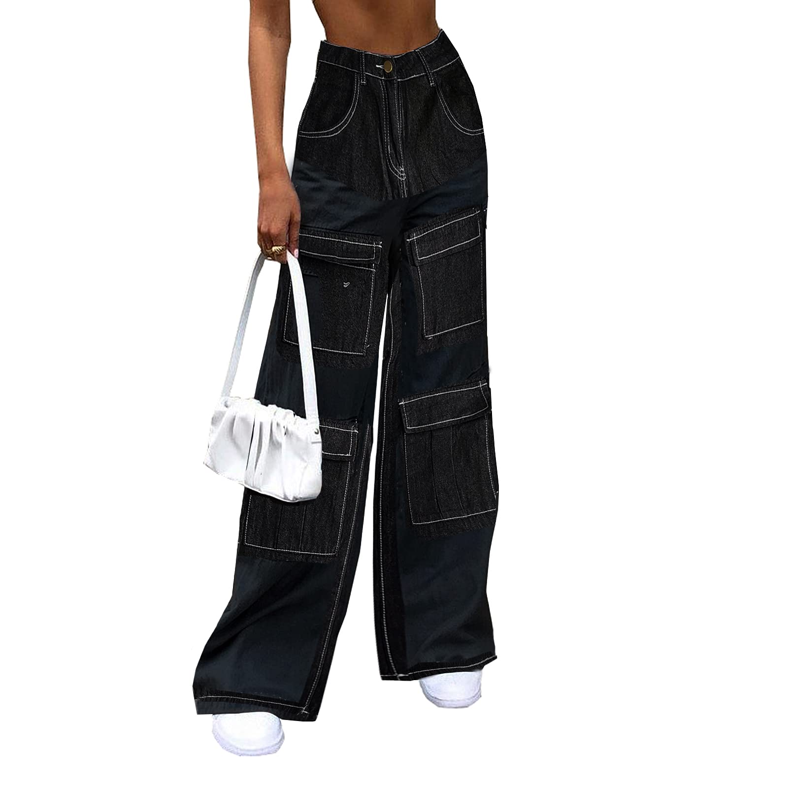 2025 Dames Y2k Low Rise Boyfriend Wide Leg Loose Jeans met zakken Vintage Casual Streetwear(Blue,Large