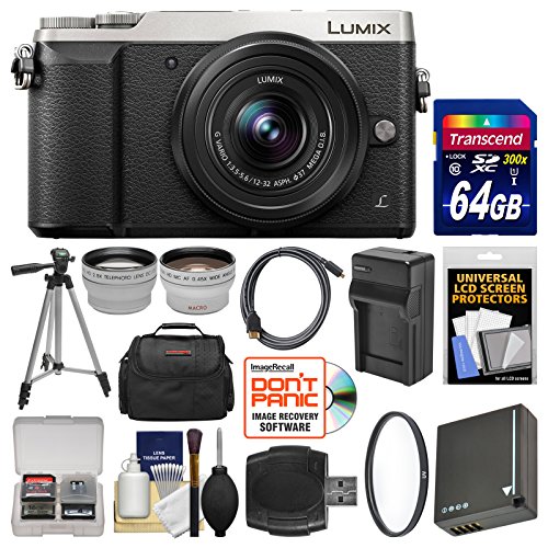 Panasonic Lumix DMC-GX85 4K Wi-Fi Digital Camera & 12-32mm Lens (Silver) with 64GB Card + Case + Battery & Charger + Tripod + Tele/Wide Lens Kit