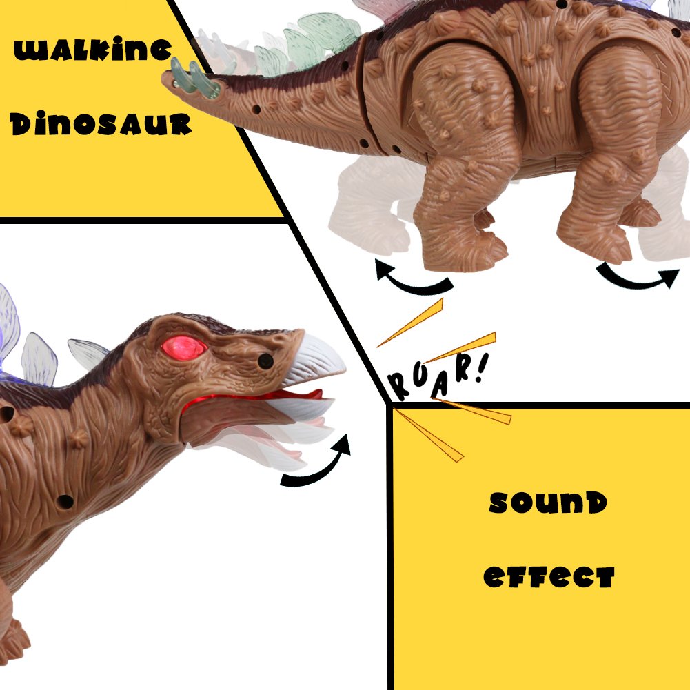 Fajiabao Dinosaur Toy Stegosaurus Electric Walking with Roar Sound and Colorful LED Light Glow Realistic Brown for Children Toddlers Kids Boys Girls