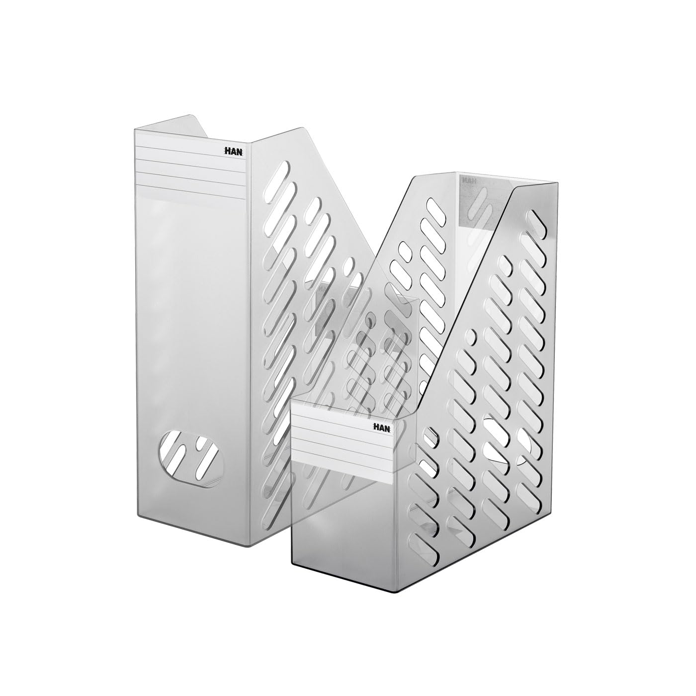 HAN 1604-69, BRILLANT XXL magazine file. Classic, translucent design, high-quality, sturdy, stable and stylish, with label, pack of 2, translucent grey