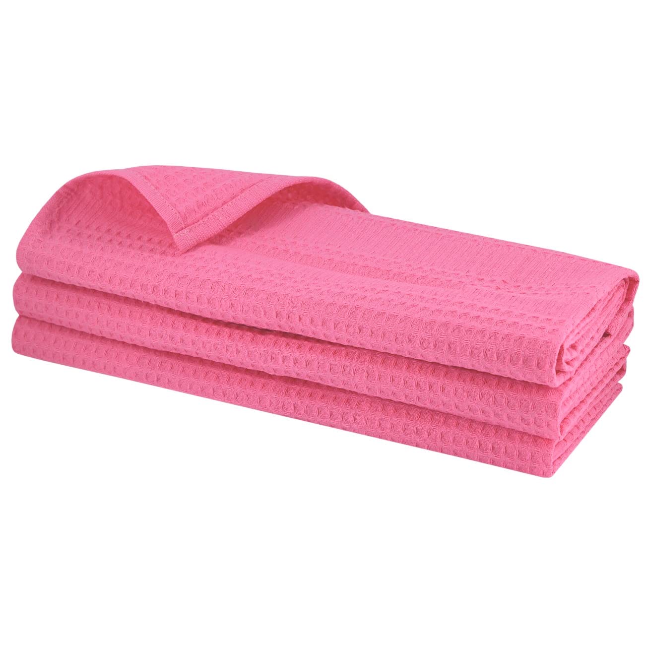 3 x 100% Cotton Waffle Piqué Design Tea Towels, 70 x 50 cm High Quality, Pink, Restaurant Quality