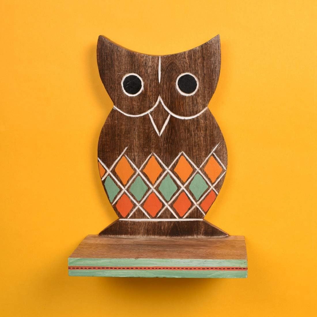 AAKRITI ART CREATIONS Wall Décor Hand-Painted Wooden Owl Shelf (Brown)