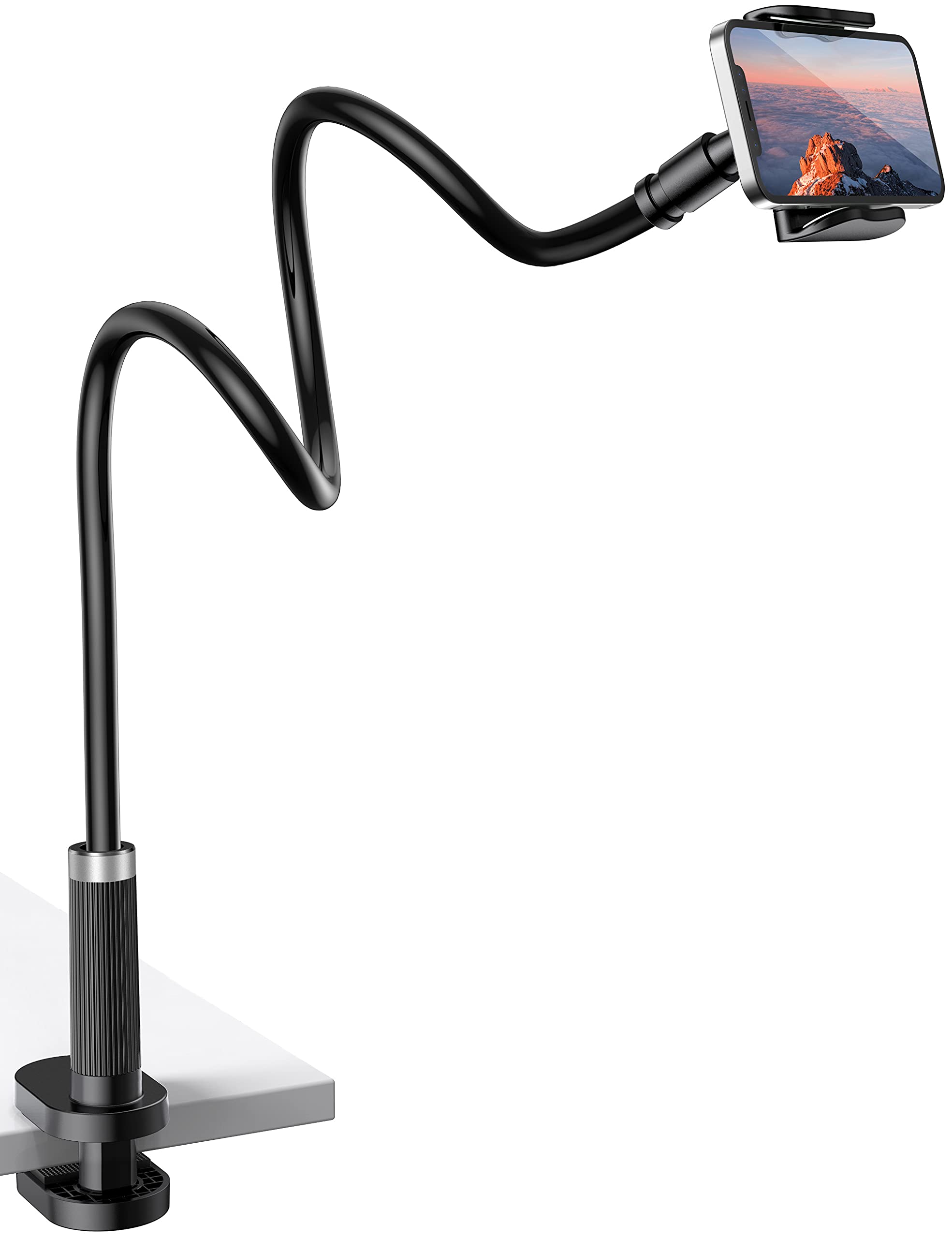 Cell Phone Holder, UVERTOOP Gooseneck 360 Flexible Phone Holder for Bed Phone Stand with Long Arm Clip Lazy Bracket Desk Clamp Phone Holder for iPhone 12 11 Pro XS Max XR 8 7 Galaxy and More-Black