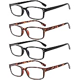 Kerecsen 4 Pack Reading Glasses for Men and Women with Spring Hinges, Lightweight Black Rectangular Readers Eyeglasses (2 Black 2 Tortoise, 2.25)